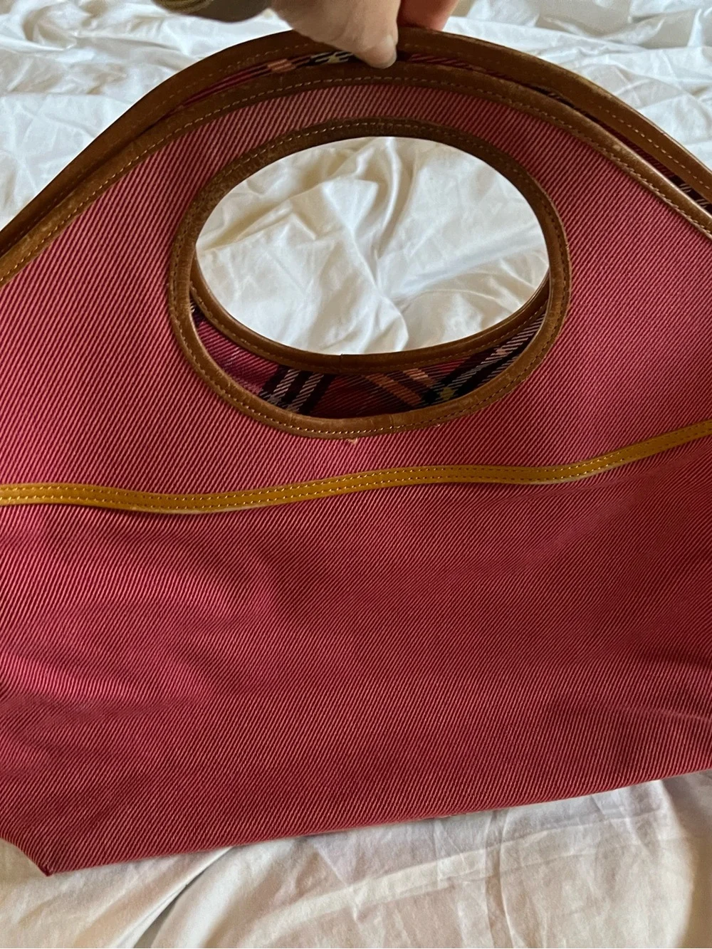 Burberry Blue Label Pink Nova Check Canvas Pink Tote with tan leather handles